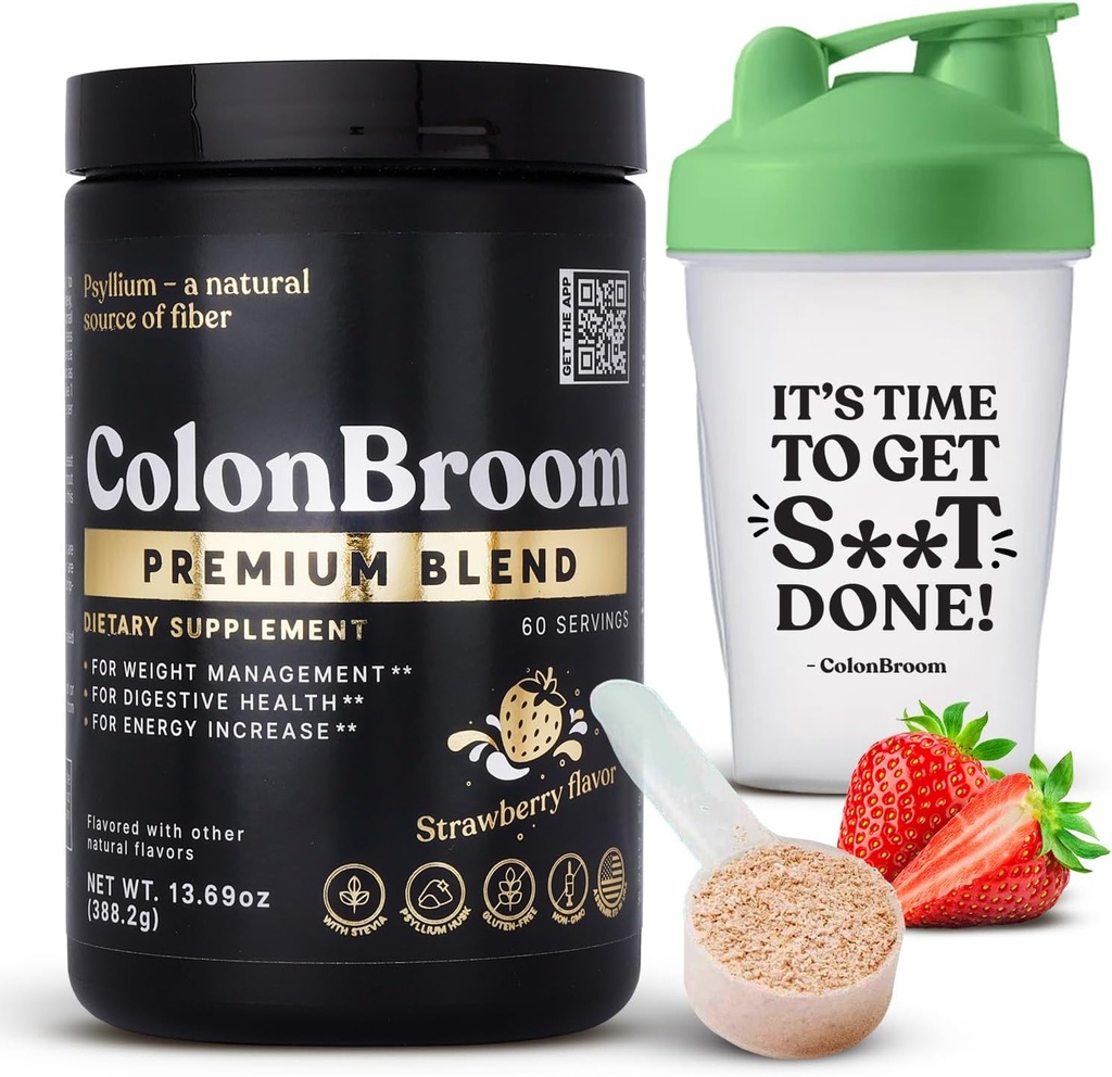 ColonBroom Premium Psyllium Husk Powder (Strawberry, 60 porties) + Shaker Bottle for Colon Broom Fiber Powder Drink Bundle - Colon Cleanse for Bloating Relief & Gut Health - Fiber Powder Supplement