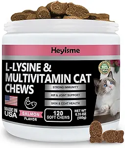 Lysine Supplement voor Katten, Cat Treats voor niezen en Runny Neus, Koud, Cat Immune Ondersteuning, Oogfunctie, en Ademhalingsgezondheid, L-Lysine katten Vitaminen voor Katten (120 pillen, Zalm)