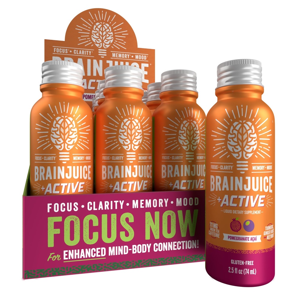 BrainJuice Active Focus & Energy Drink Shots, ondersteunt endurance, Recovery & Clarity, Non-GMO, Glutenvrij, Nootropics, Alpha GPC, B Vitaminen & Organic Green Tea, Granaatappel Acai, 2.5 fl oz, 12 Pack