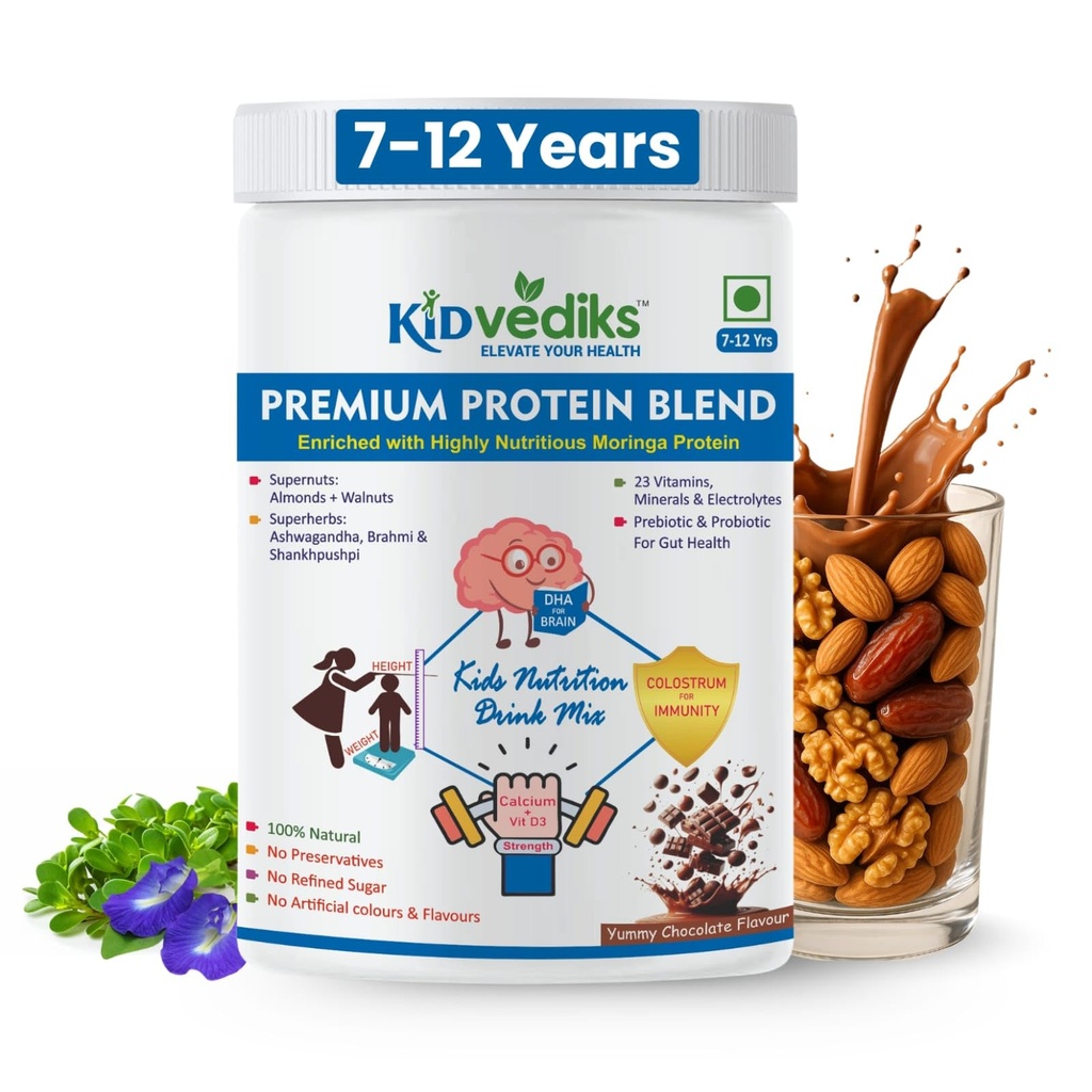 KidVediks Kids Protein Powder for Ages 7–12 yrs (350g) | Nutrition Drink Powder| Brain Booster | Health drink for kids | 8g Protein/Serving | 23 Vitamins & Minerals, DHA, Calcium, Zinc | Chocolate Flavour| No Refined Sugar, Artificial Flavours or Preservatives| Supports Healthy Growth, Development & Immunity Booster| With Almonds, Walnuts, Ashwagandha, Bramhi & Shankhpusphi