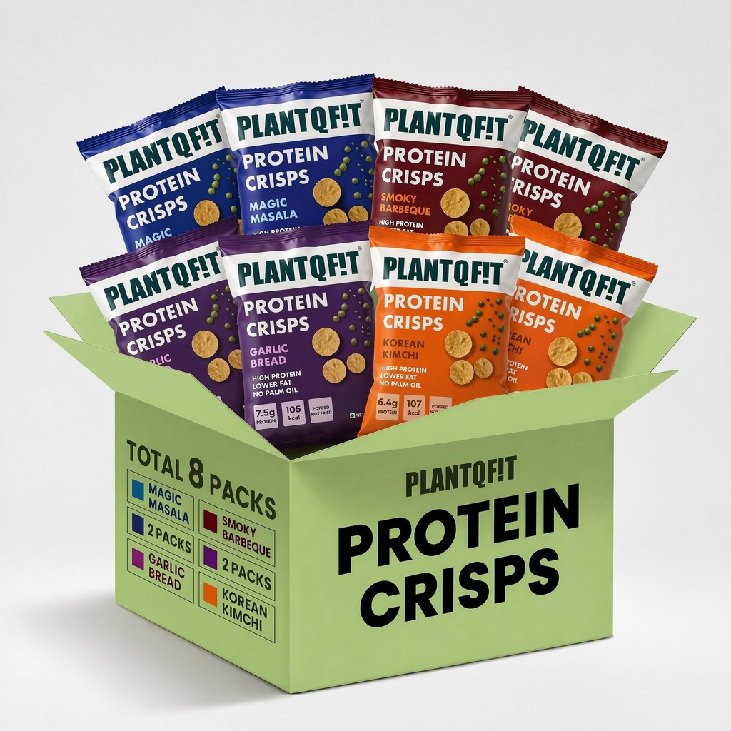 PLANTQFIT High Protein Chips-Savoury Crunchy Namkeen |56g Protein Per Combo, Baked Not Fried, Plant Based| Protein Chips and Snacks, Low Calorie Healthy Snacks for Adults | 8 Combo Packs | 4 Gourmet Flavours: Barbeque, Garlic Bread, Masala Magic, Korean Kimchi | Guilt-Free Diet Snack