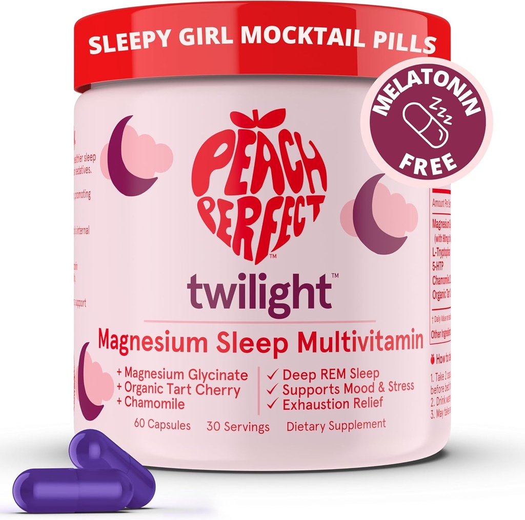 Perzik Perfect Twilight Magnesium Glycinate Slaap Multivitamine Magnesium Supplement met biologische Tart Cherry, Kamille, 5-HTP, L-Tryptofaan, Natuurlijke Sleepy Girl Mocktail, 60 Capsules, 30 porties