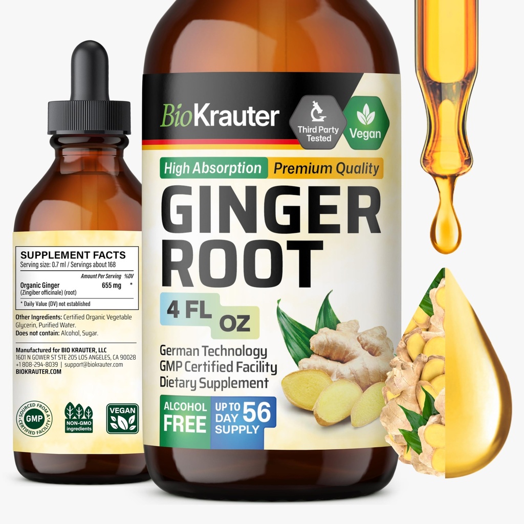 BIO KRAUTER Gemberwortel Extract - natuurlijke gembersupplementen voor algemene wellness - Alcohol en suikervrij - Vegan Drops 4 Fl.Oz.
