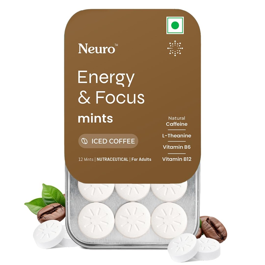 Neuro Energy & Focus Mints - Iced Coffee | Quick Energy Boost & Enhanced Focus | Natural Caffeine + 60 mg L-Theanine + Vitamin B6 & B12 | No Added Sugar | Aspartame Free | 120 Mints