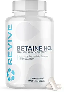 Revive MD Betaine HCL met Pepsin Digestieve Enzymen, 180 Vegetarische Capsules - Betaine Hydrochloroide Supplement Ondersteunt gezonde spijsvertering & Nutriënt Absorptie - Helpt met maagzuur niveaus