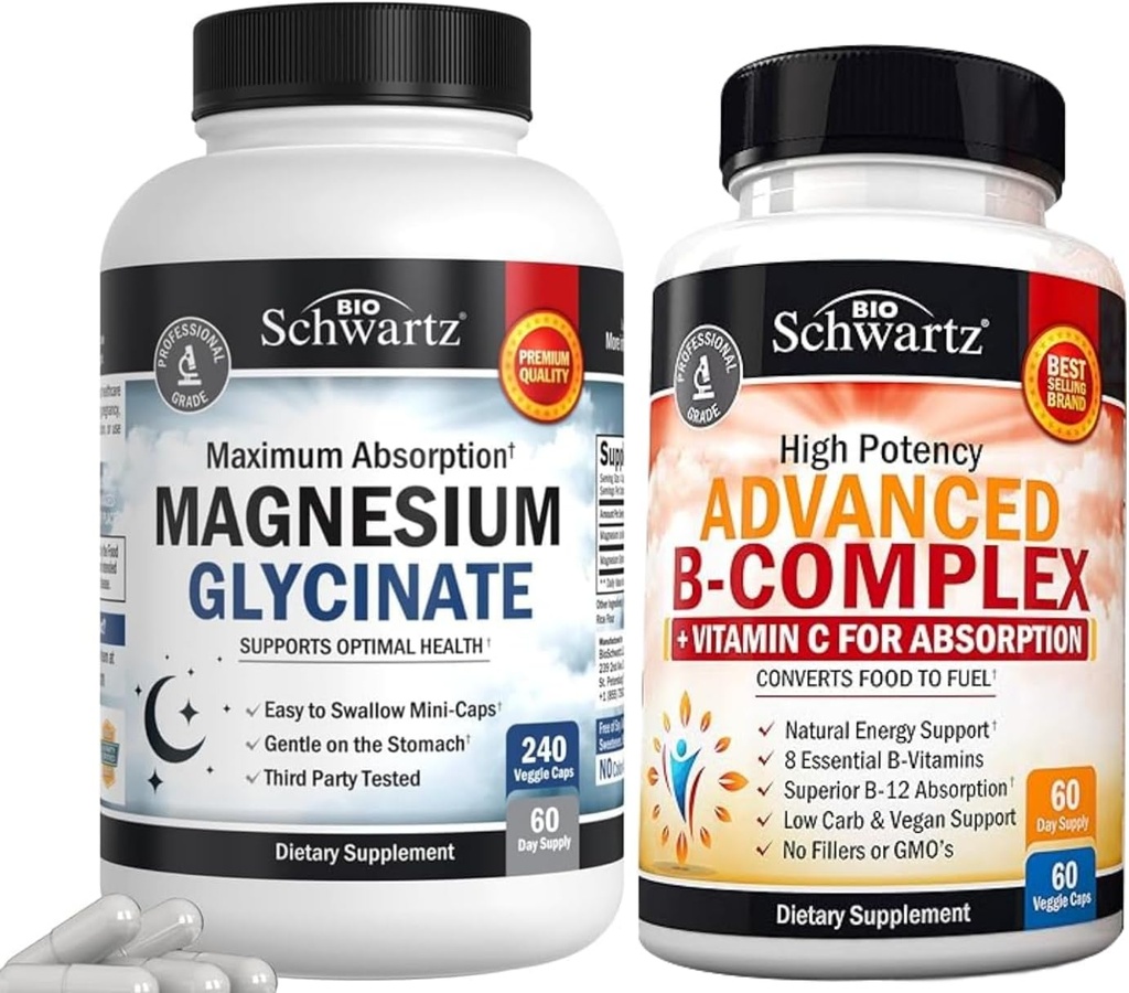 BioSchwartz Hoge Absorptie Magnesium Glycinate 500 mg Capsules (2 maanden supply) Plus Vitamine B Complex met Vitamine C (2 maanden supply)