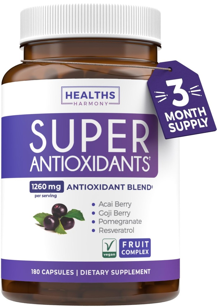 Super antioxidanten Supplement voor vrouwen en mannen - Hoge potentie Kruiden en fruit Blend met Acai, Goji, Granaatappel, Vlierbes & Resveratrol voor huidverzorging & Immune Support - Vegan & Non-GMO - 180 capsules