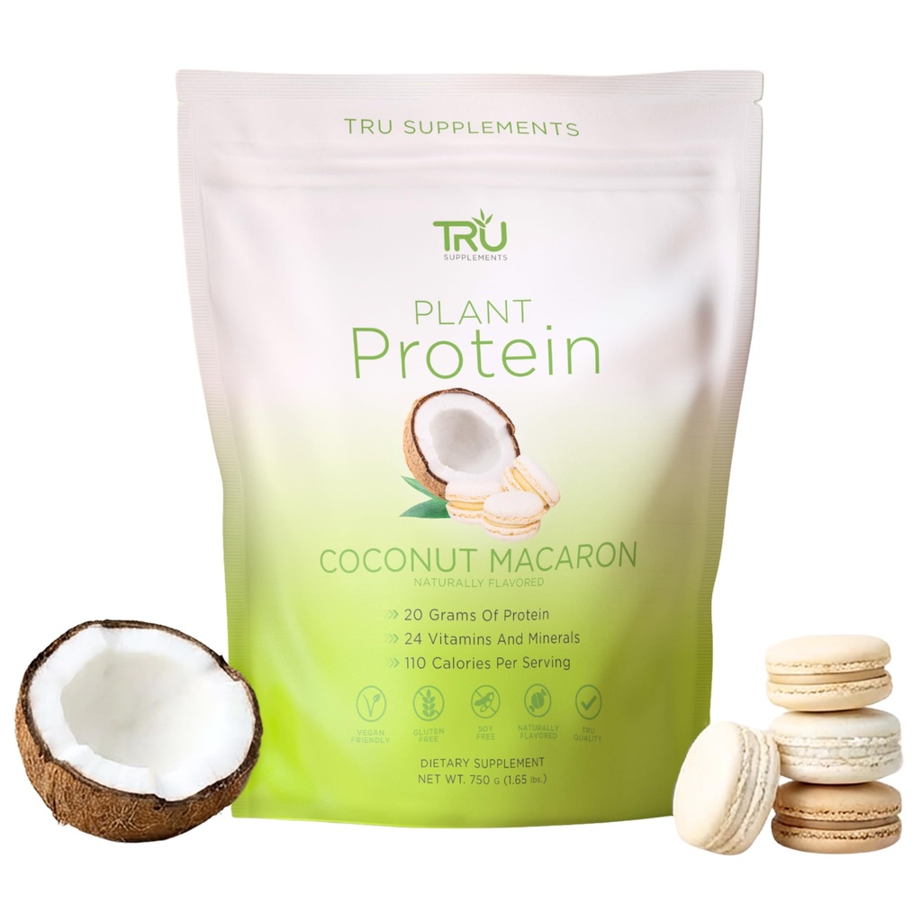 TRU Supplementen Plant Based Protein Powder, BCAA, EAA, 20g Vegan Bruin Rijst & Pea Proteïne, 100 Calorieën, 27 Vitaminen, Geen Kunstmatige Smaken 25 Servers (Coconut Macaron)