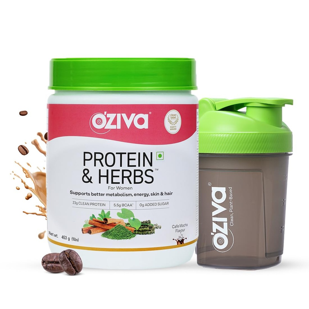 OZiva Protein & Herbs for Women, No Added Sugar, Cafe Mocha, 454g, + Shaker