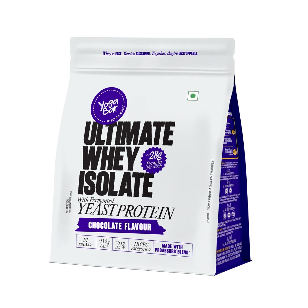 Yogabar Ultimate Whey Protein Powder (Chocolate) | 28g Complete Protein with Whey Protein Isolate + Fermented Yeast Protein | Added Probiotics & Digestive Enzymes | High Absorption | 500g