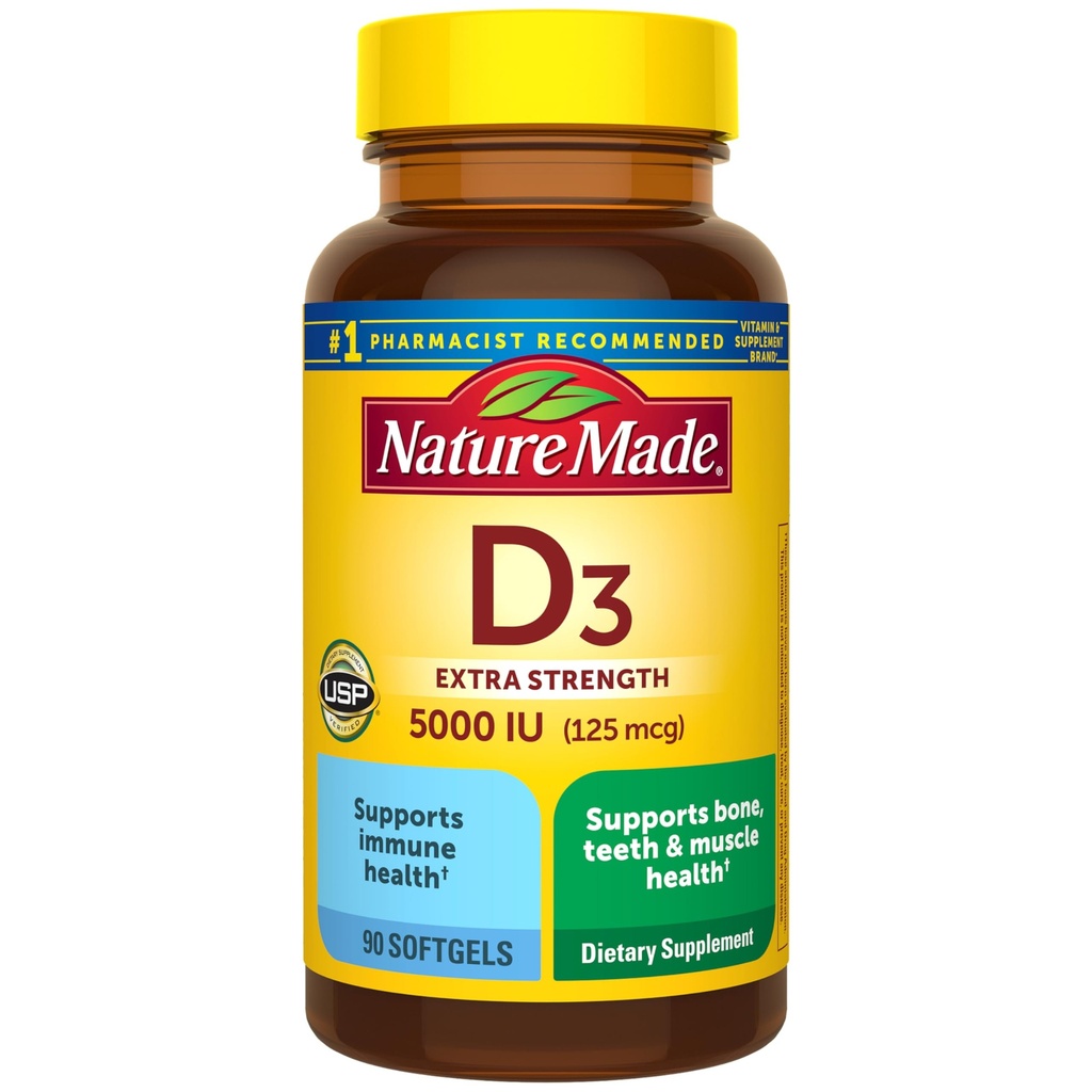 Nature Made Vitamin D3 5000 IE (125 mcg) Softgels, Extra Strength Vitamin D Supplement voor Bone and Immune Health Support, 90 Softgels, 90 Day Supply