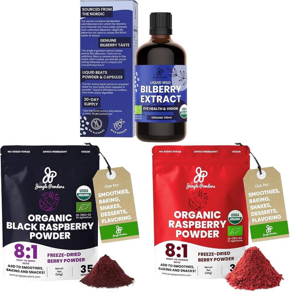 Jungle Poeders Wilde bosbessen Extract voor ogen USDA Biologische 3.4oz Fles, Black Red Raspberry Powders Bundle 5 Ounce Bag, bevroren gedroogde Frambozen voor het bakken Smoothies Gehydrateerd fruit