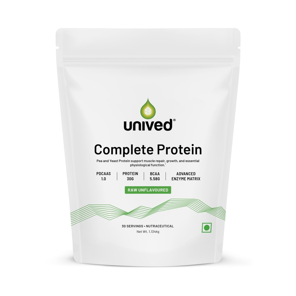 Unived Complete Protein - Pea & Yeast Protein | PDCAAS 1.0 Complete Amino Acids | 6 Digestive Enzymes | 30 Servings (30 Servings, Raw)
