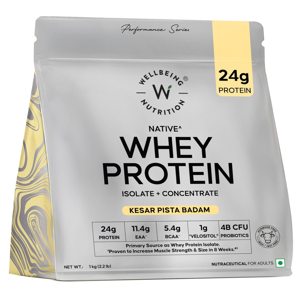 Wellbeing Nutrition Clean Whey Protein Isolate & Concentrate 1Kg Kesar Pista Badam| 24g Protein, Clinically Proven Velositol 2x Muscle Protein Synthesis, 4B CFU Probiotics & Digestive Enzymes, Easy to Digest