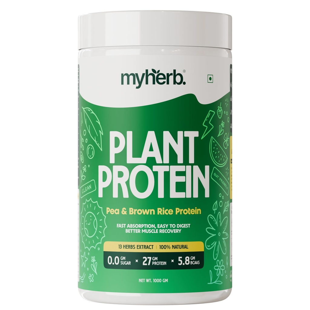 MYHERB Plant Protein Powder | Pea And Brown Rice Protein Powder | Vegan High Protein Powder | 27 gm Protien,21 Vital,6 gm BCCAs |Sugar Free|For Men,Women Kashmiri Strawberry Flavour - 1Kg