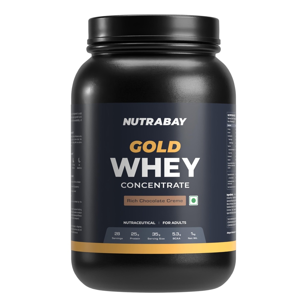 Nutrabay Gold Whey Protein Concentrate with Digestive Enzymes 25g Protein, 5.3g BCAA, 3.9g Glutamic Acid – Muscle Support & Recovery – 1kg, Rich Chocolate Crème | Trustified Certified Authentic