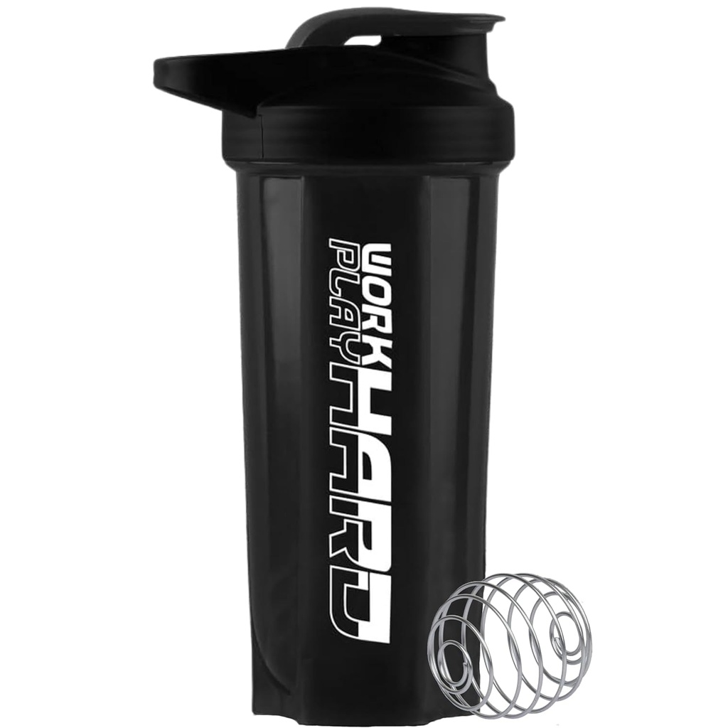 BDPE Work Hard Protein Gym Sipper Bottle with Stainless Steel Spring Ball 700 ml Plastic Shaker (Pack of 1, Black)