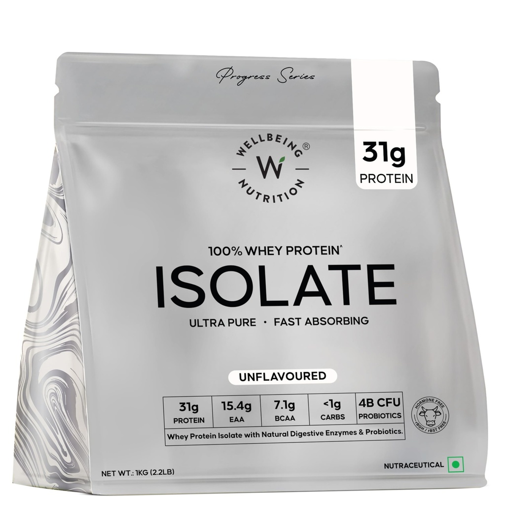 Wellbeing Nutrition Clean Whey Protein Isolate 1kg Unflavoured | 31g Protein, 7.1g BCAA | 4B CFU Probiotics & Natural Digestive Enzymes | Fast Absorbing, No Bloating, Easy to Digest | Faster Muscle Recovery