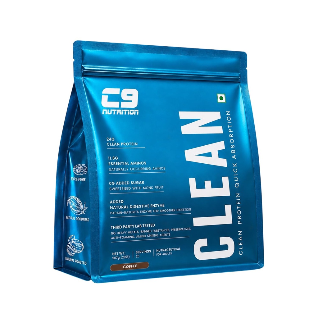 C9 Nutrition Clean Protein Powder | 24g Protein & 11.2g Essential Amino Acids | Zero Added Sugar | Added Digestive Enzymes | Sweetened with Monk Fruit | Coffee Flavour | 907g (25 Servings)