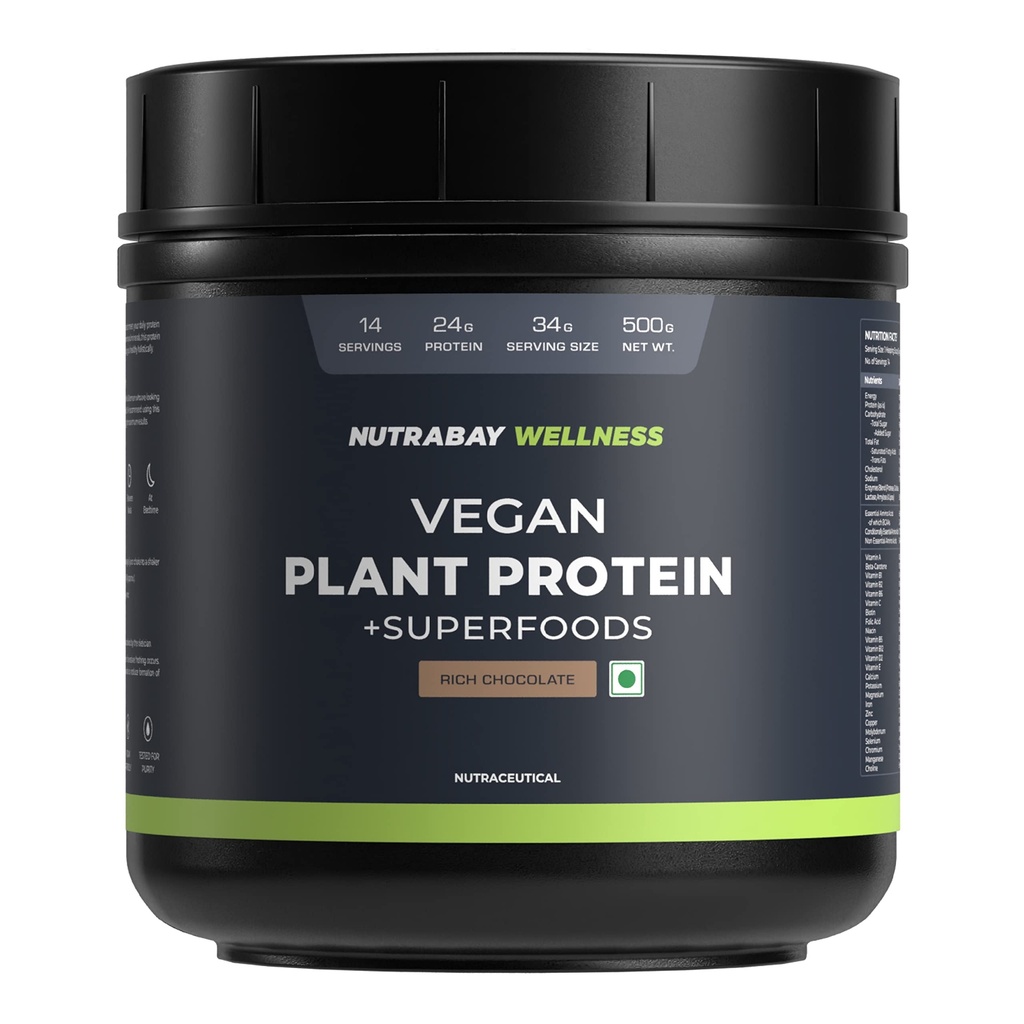 Nutrabay Wellness Vegan Plant Protein Powder + Superfoods 24g Protein per Serving – Complete Amino Acid, Pea & Brown Rice, Sugarfree – 500g, Rich Chocolate | 100% Authentic Clean Protein