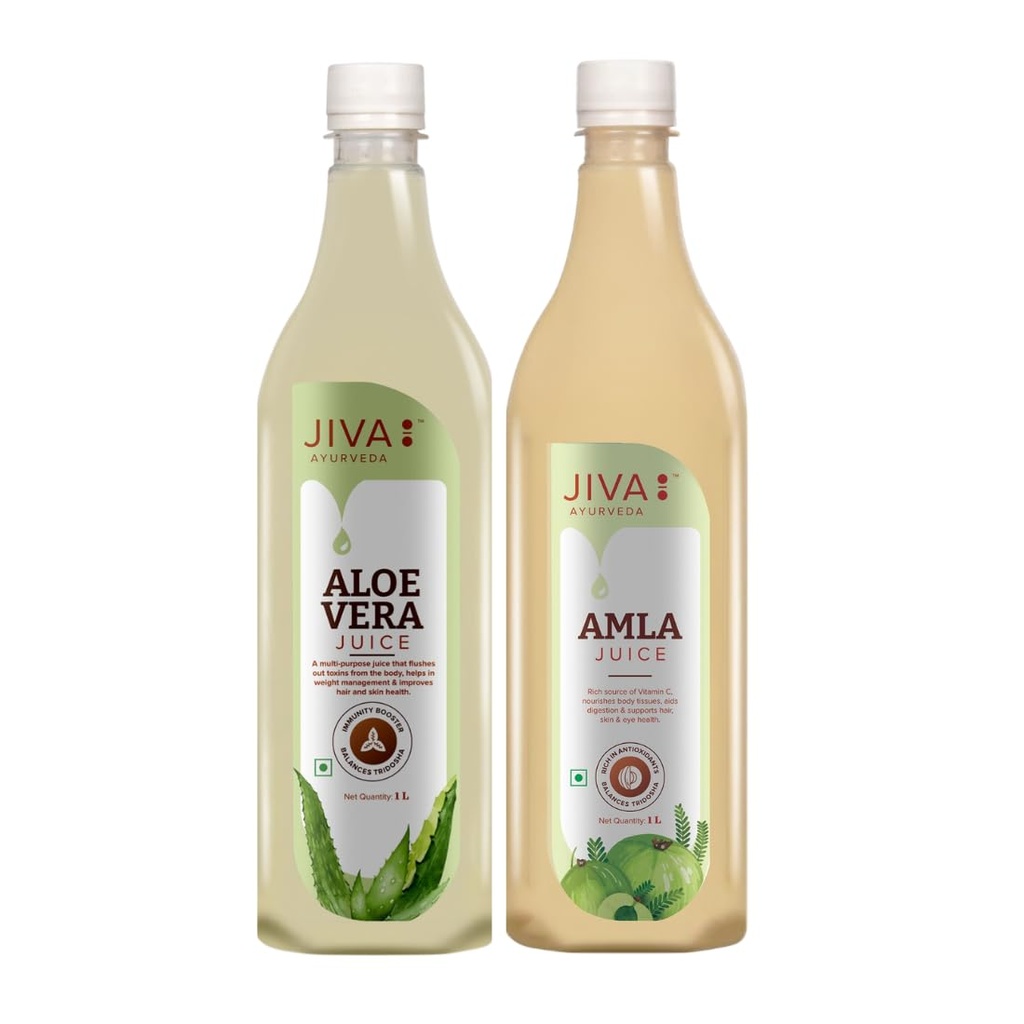 Jiva Aloe Vera Juice 1L + Amla Juice 1L | Cold Pressed Ayurvedic Wellness Combo | Supports Digestion, Immunity, Skin & Hair Wellness | Pack of 2