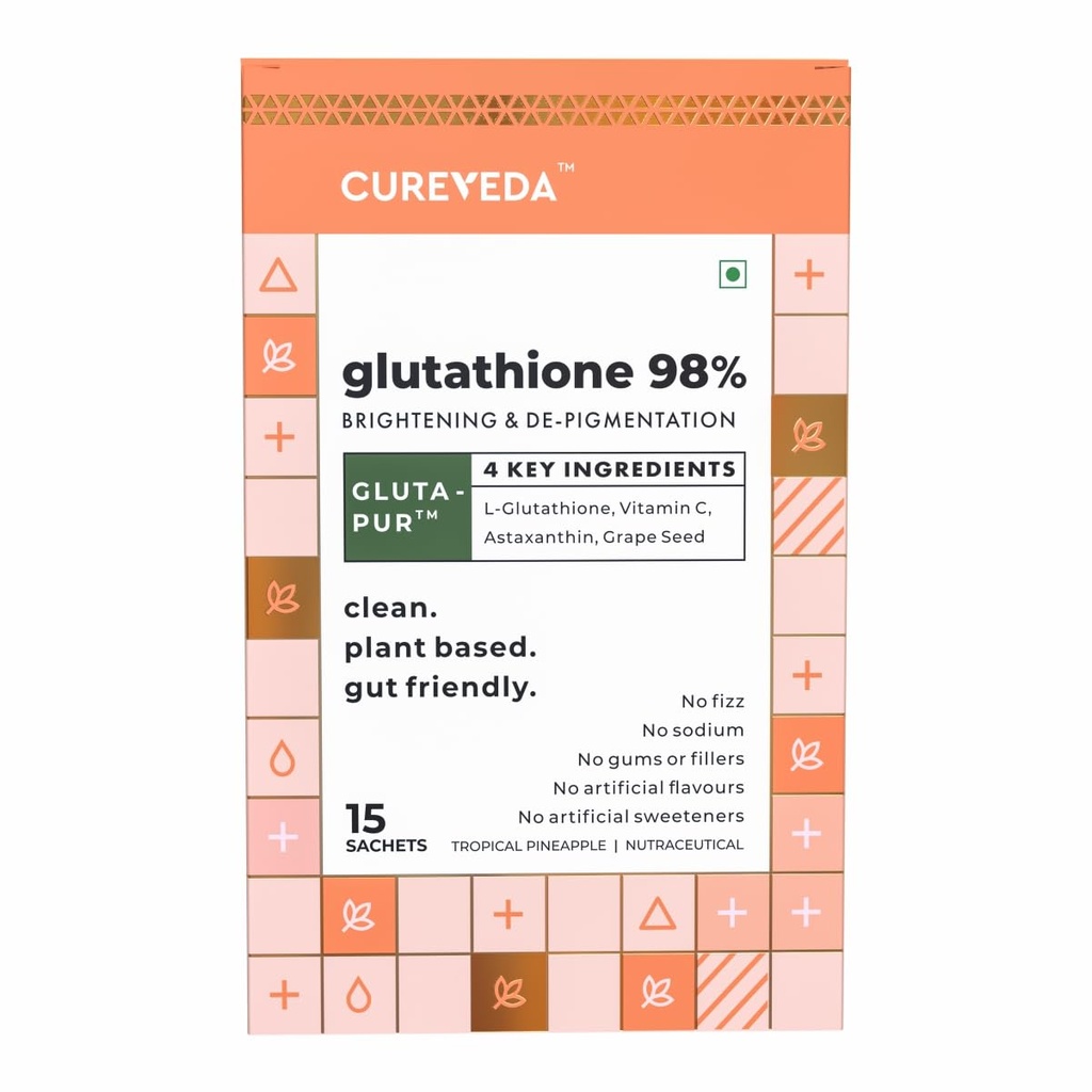 Cureveda Glutathione 98% + pur™ | High Absorption Powder for Skin Brightening, Anti-Aging & Detox | Naturally Fermented L-Glutathione with Vitamin C, Grape Seed extract & Astaxanthin| 15 Sachets (Pineapple Flavor)