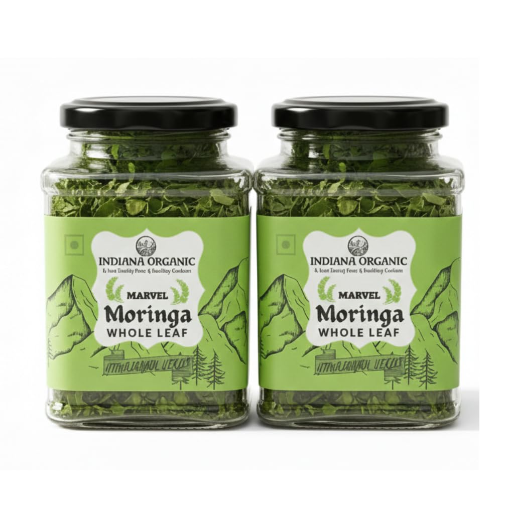 Indiana Organic Moringa Whole Leaves Dry Leaf, Dried Drumstick Tree Leaves, Natural Super-Food – For Making Herbal Tea, Smoothies, Soups - 35 Gram (Pack of 2)