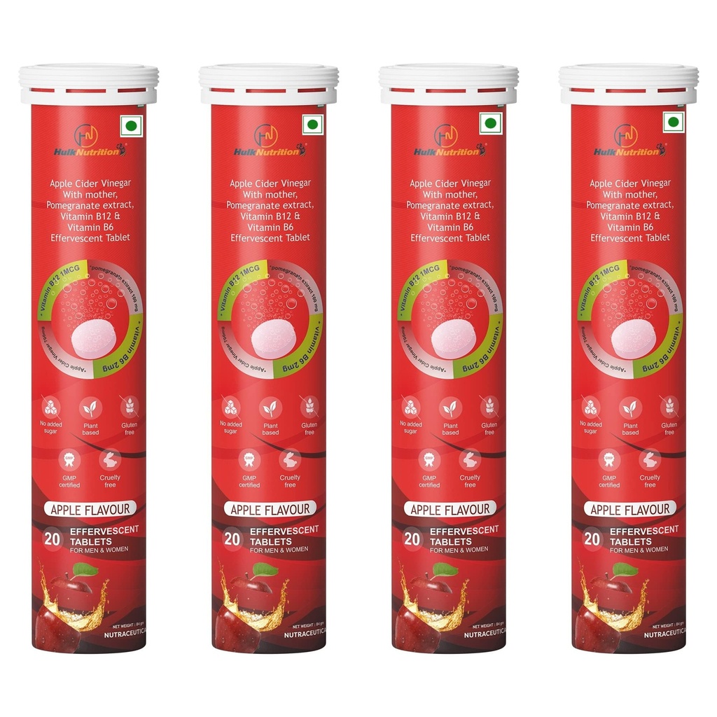 Hulk Nutrition Apple Cider Vinegar (ACV) Effervescent Tablets for Weight Loss with Mother and Vitamin B12 & B6, Pomegranate | Weight Management, Gut Health, Supports Digestion | Easy to Carry & Consume [Pack of 4 ,80 Tablets]