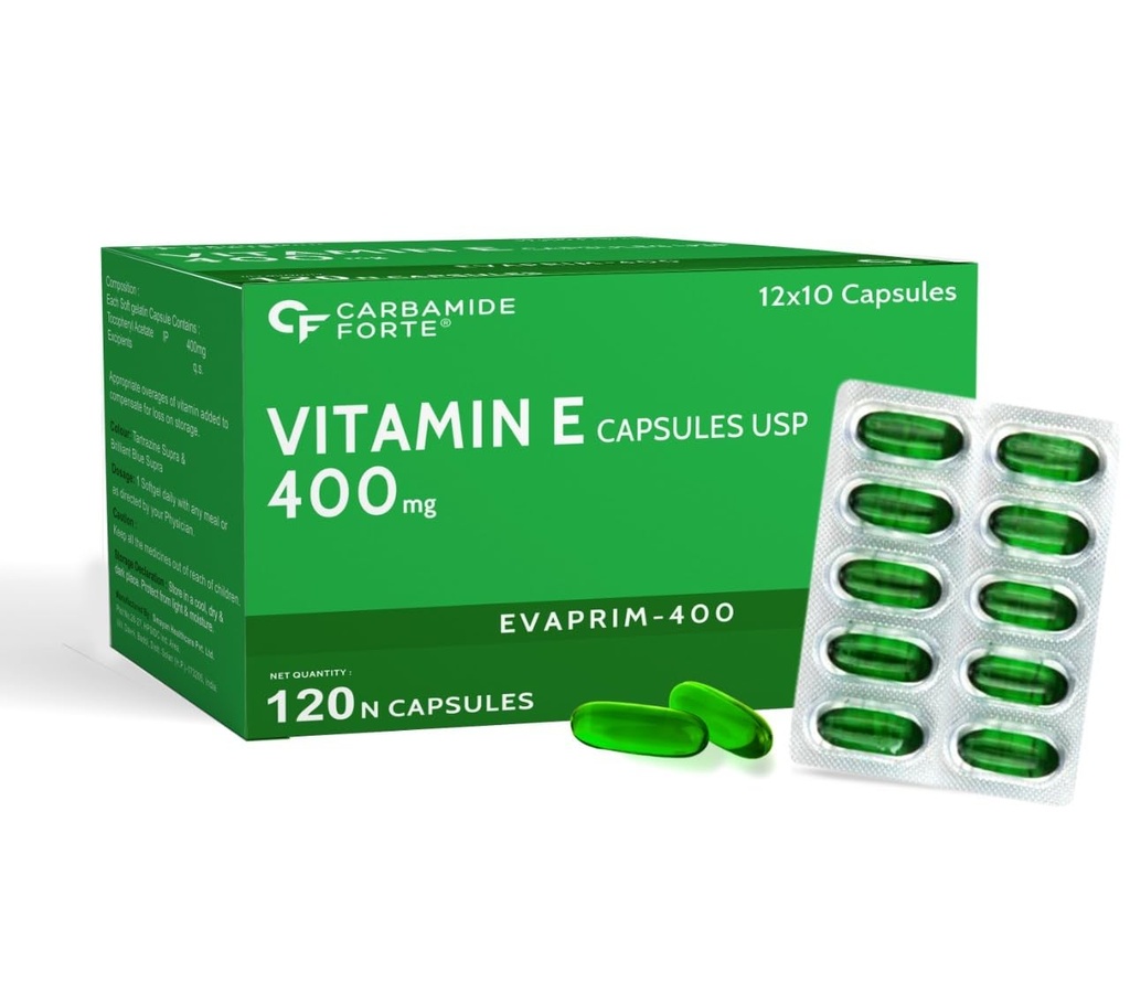 Carbamide Forte 400mg Vitamin E Capsules for Face and Hair | 100% Natural Vitamin E Supplement with Vitamin E Oil | Paraben Free - 120 Capsules