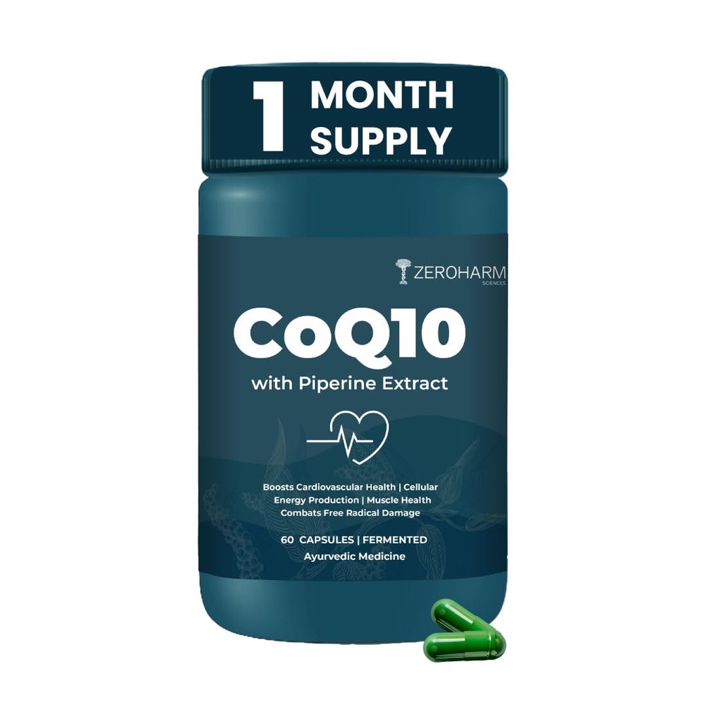 ZEROHARM Coenzyme Q10 | 250mg with Piperine & Grape Seed Extract | High Absorption CoQ10 Supplement | CoQ10 Ubiquinol Supports Heart, Vascular Health & Cellular Energy Production | 60 Veg Capsules