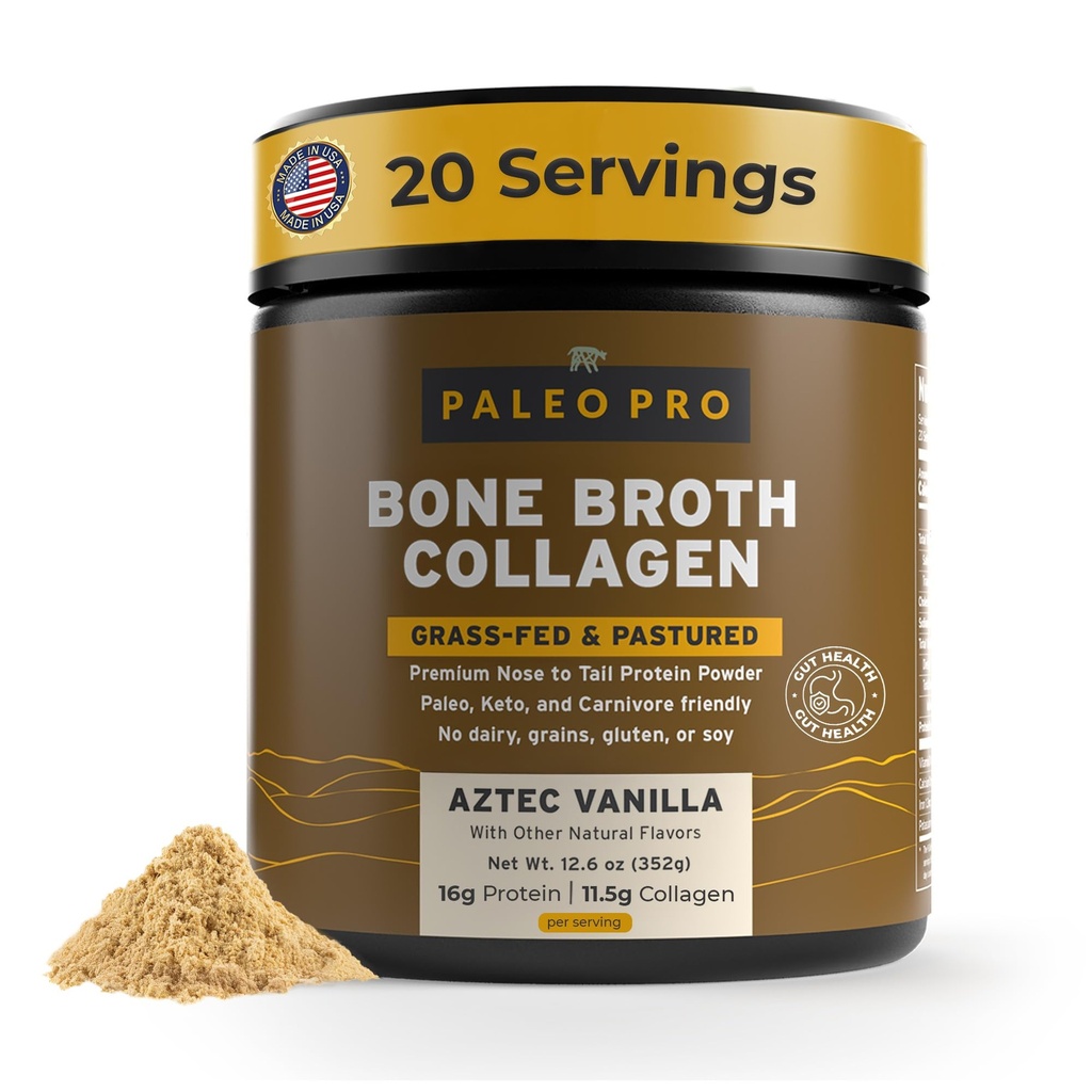 PaleoPro Bone Broth Collagen Protein Powder - Turmeric Root Grass-Fed Collagen Powder for Skin & Bones - Gluten Free, No Sugar, Soy, Grains, Net Carbs - Paleo Keto Friendly 20 Servings Aztec Vanilla