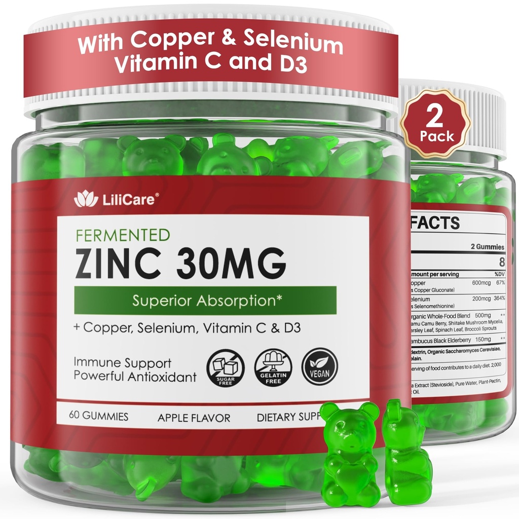 Zink Gummies + Koper, Selenium, Vitamine C & D3, Gefermenteerde zinksupplementen voor vrouwen en mannen met vlierbes voor dagelijkse Immune Ondersteuning, Krachtige Antioxidant, Hoge Absorptie, Vegan, Suikervrij, 2 Pack