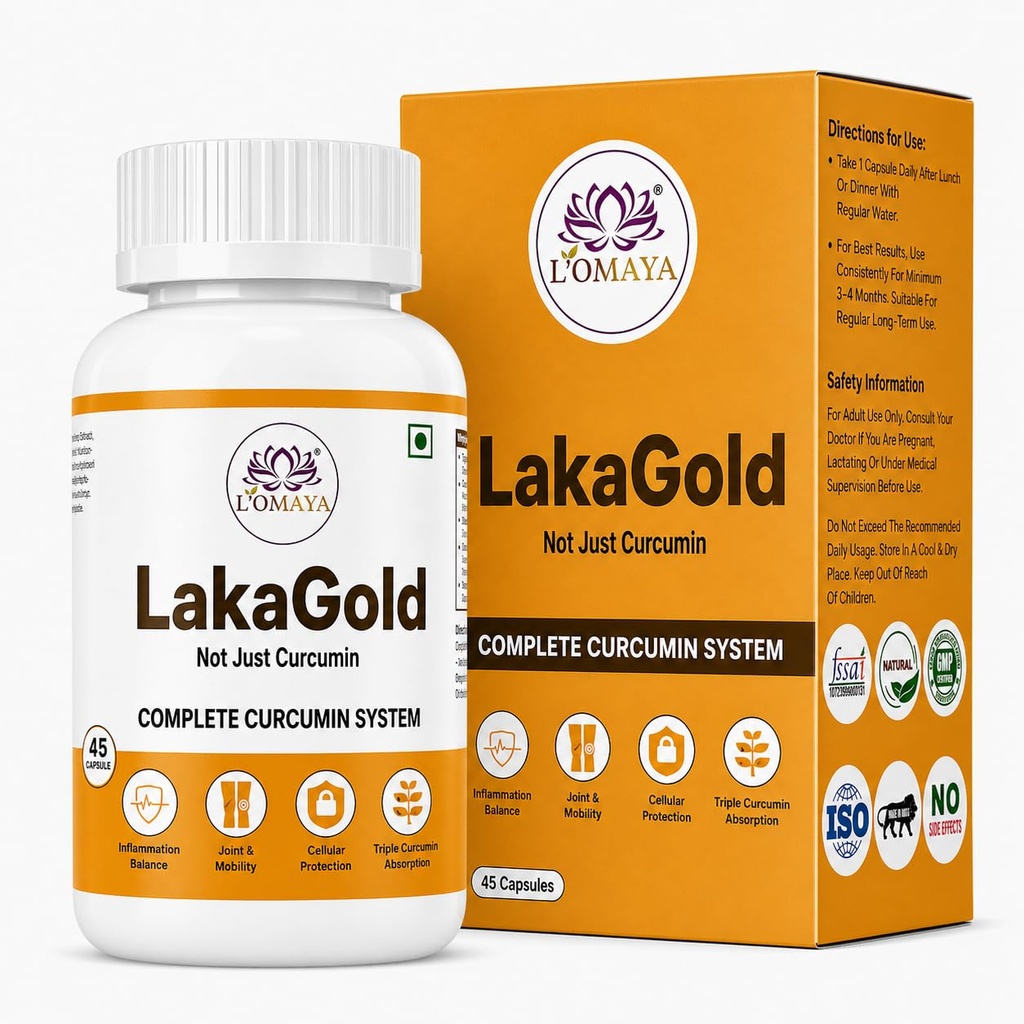 L'Omaya LakaGold | Curcumin Capsules with Piperine | US Patented | Lakadong Turmeric | High-Absorption for Joint, Liver & Immune Support | 45 Veg Capsules