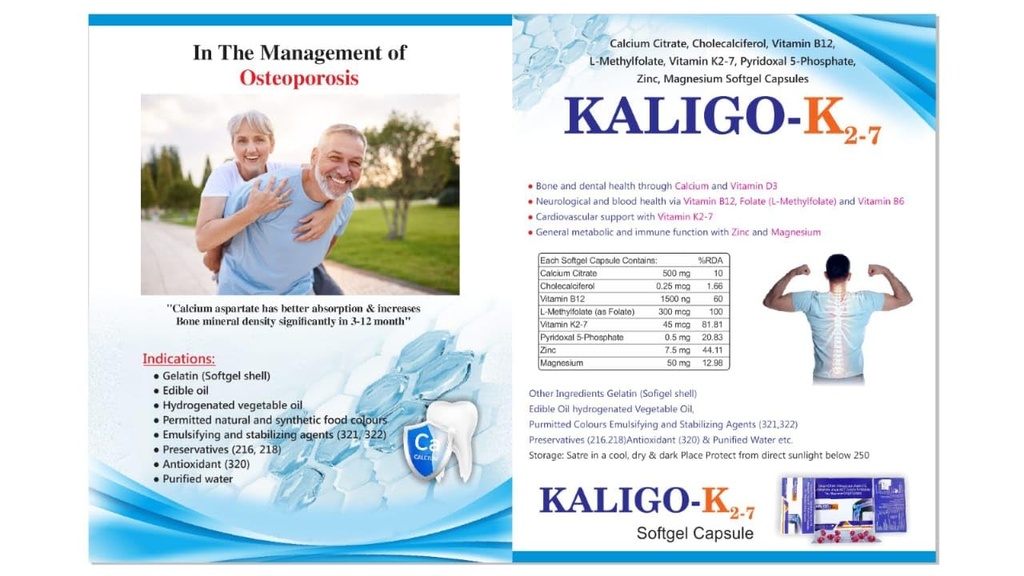Kaligo K2-7 Calcium Citrate with Vitamin D3, K2-7, B12, L-Methylfolate, Zinc & Magnesium Softgel Capsules | Bone & Heart Support Supplement | High Absorption Formula | 10 Capsules