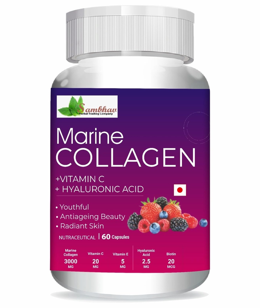 Sambhav Marine Collagen Capsules with Vitamin C, Hyaluronic Acid, Vitamin E & Biotin | 3000mg Marine Collagen Powder Supplement for Anti-Aging, Radiant Skin & Youthful Glow - 60 Capsules