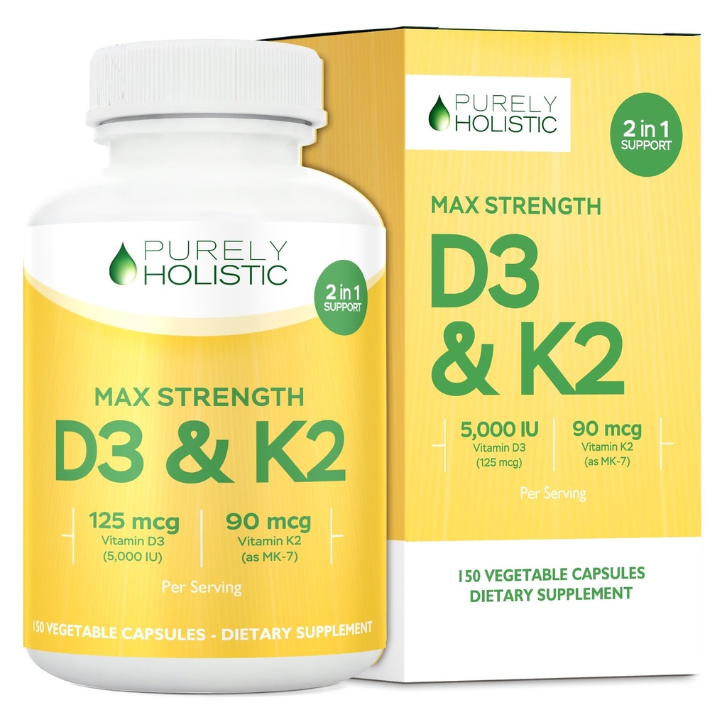 Pure Holistische Vitamine D3 125mcg en Vitamine K2 90mcg MK7-4 Maandvoorziening 150 Vegetarische Capsules - Vitamine D3 & K2 Menaqunione - Hoge sterkte Cholecalciferol Made in The USA
