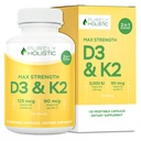 Pure Holistische Vitamine D3 125mcg en Vitamine K2 90mcg MK7-4 Maandvoorziening 150 Vegetarische Capsules - Vitamine D3 & K2 Menaqunione - Hoge sterkte Cholecalciferol Made in The USA