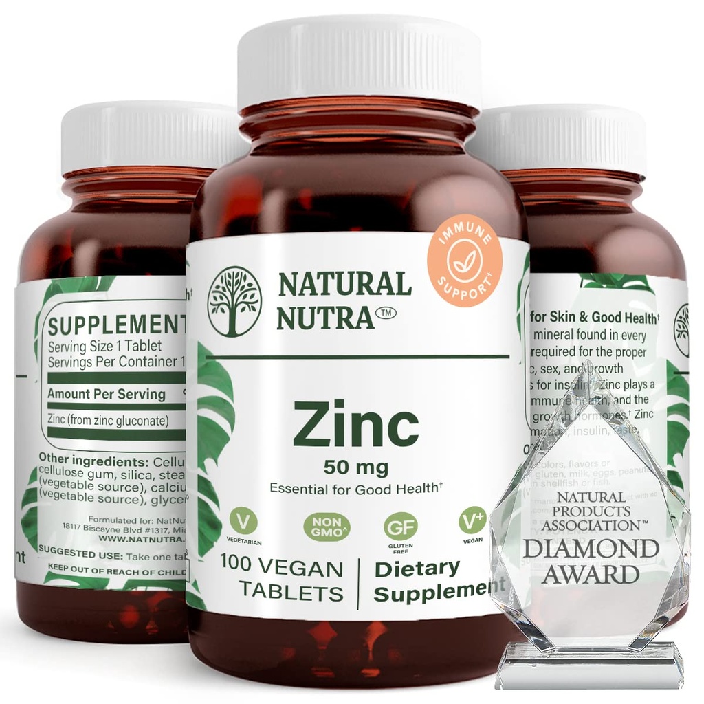 Natuurlijke Nutra Zink Gluconaat 50 mg supplement voor Immuun ondersteuning, bevordert de gezondheid van de huid, biedt gemak van griep en koude, Boost leren en geheugen, verbeteren smaak en geur Glutenvrij 50 mg 100 Vegan tabletten