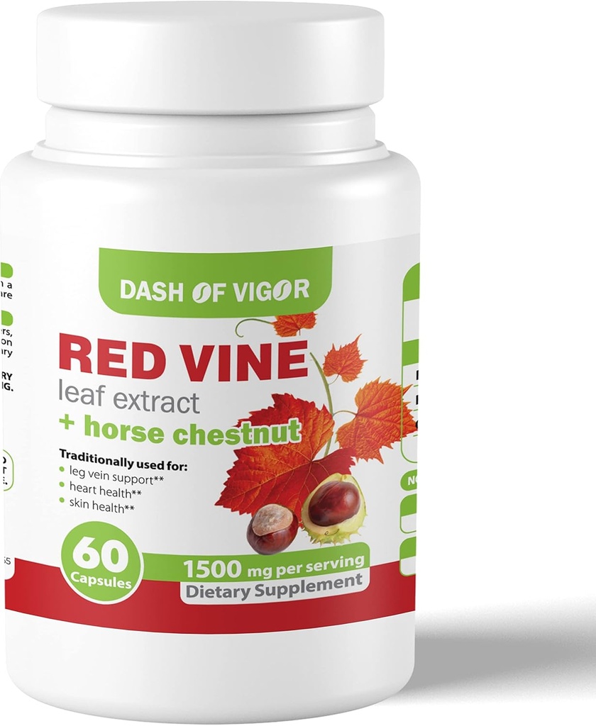 Dash of Vigo Red Vine Leaf Extract (Vitis Vinifera) and Horse Chestnut Extract, Red Vine Extract for Healthy Skin, Leg Veins, Circulation, and Heart, 1500 mg, 60 Capsules