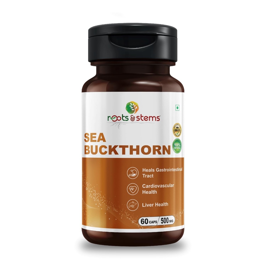 roots & stems Sea Buckthorn Extract Supplement | Veg Collagen Berry Powder | Rich Source of Omega 3,6,7,9 with Fiber, Vitamin C & E | Good for Heart, Brain, Skin & Hair | 500 mg 60 Capsules (Pack of 1)