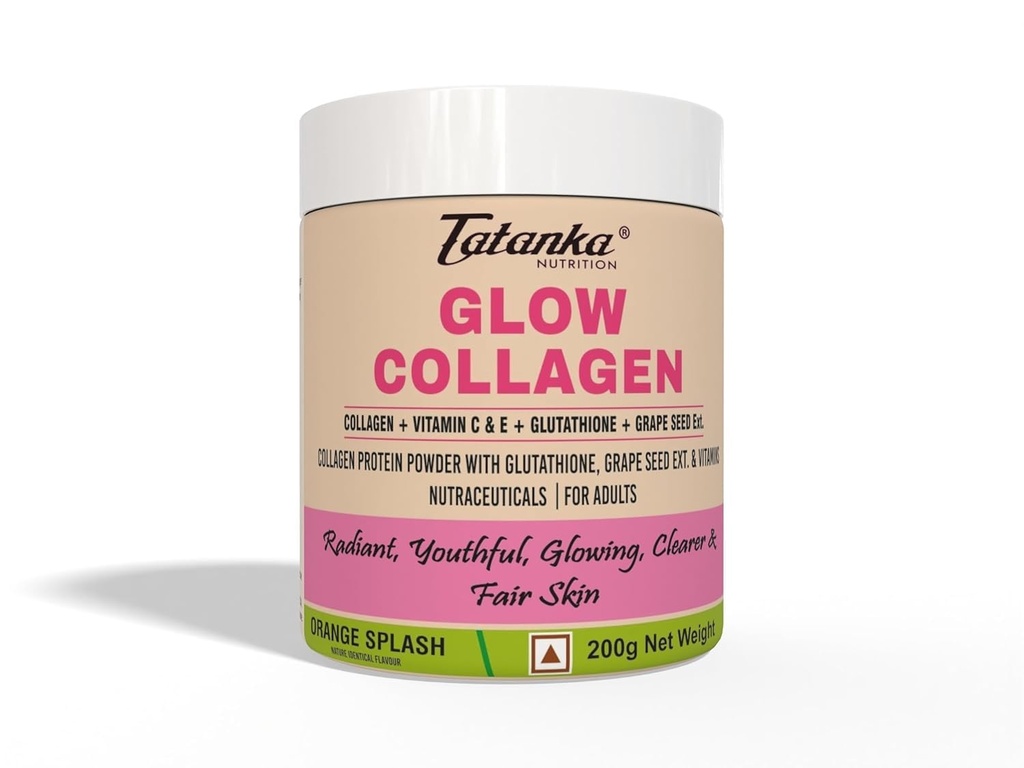 Glow Collagen Powder with Glutathione, Vitamin C, Vitamin E & Grape Seed Extract | Skin Glow & Anti-Aging Support | Hydrolyzed Collagen Peptides 20 SERVINGS (200 GM, ORANGE SPLASH)