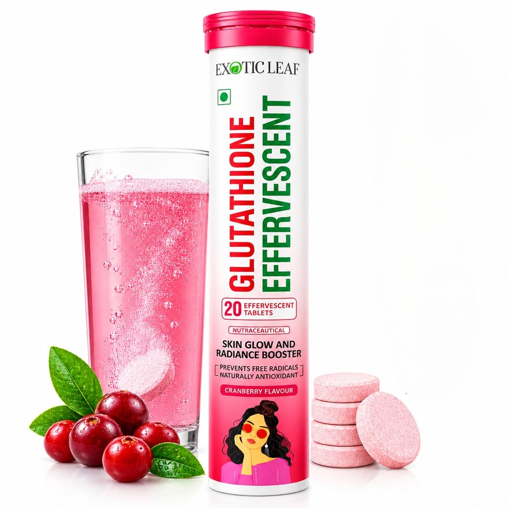 Glutathione Effervescent Tablets Cranberry Flavour | Japanese Glutathione, Collagen, Vitamin C, Hyaluronic Acid, Biotin & Zinc Supplement | Glowing Skin | Antioxidant Support | 20 Tablets