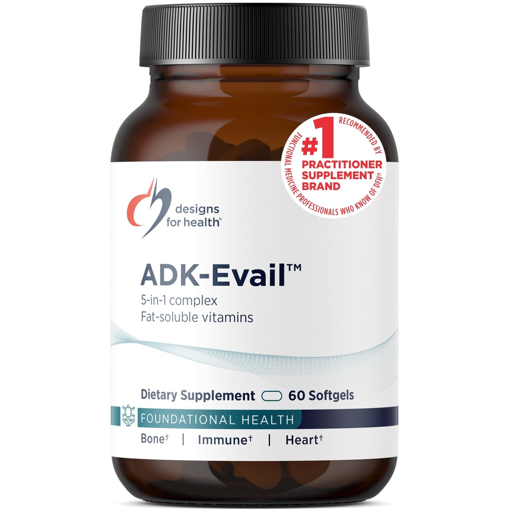 Ontwerpen voor gezondheid ADK Evail - 5000 IE VIT D3 met vitamine A, E (Annato Gamma Delta Tocotrienolen), K (K1 + K2) - Vetoplosbare vitamine D Complex - Bot + Immuun Ondersteuning - Non-GMO (60 Softgels)