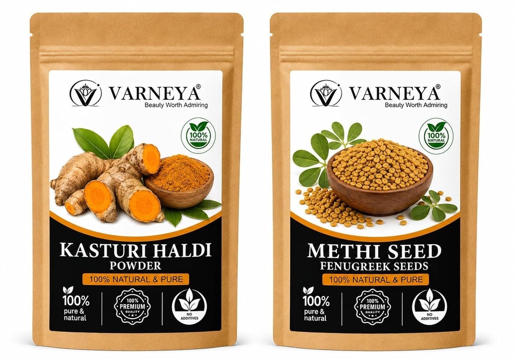 Naturals Organic Kasturi Haldi (Wild Turmeric) Powder 100g + Methi Seed Powder 100g Combo | 100% Pure Natural Ayurvedic Herbal Powders | Chemical-Free | For Face Pack, Hair Care & Skin Care | No Preservatives (Pack OF 5)