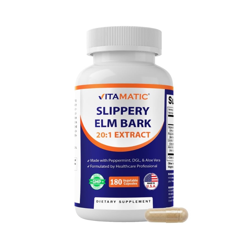 Vitamatic Slippery Elm Bark 10000 mg Equivalent per portie (van 20:1 Extract 500 mg), gemaakt met pepermunt, DGL, & Aloë Vera - 180 Veg Capsules, en geconcentreerd 20X Potentie