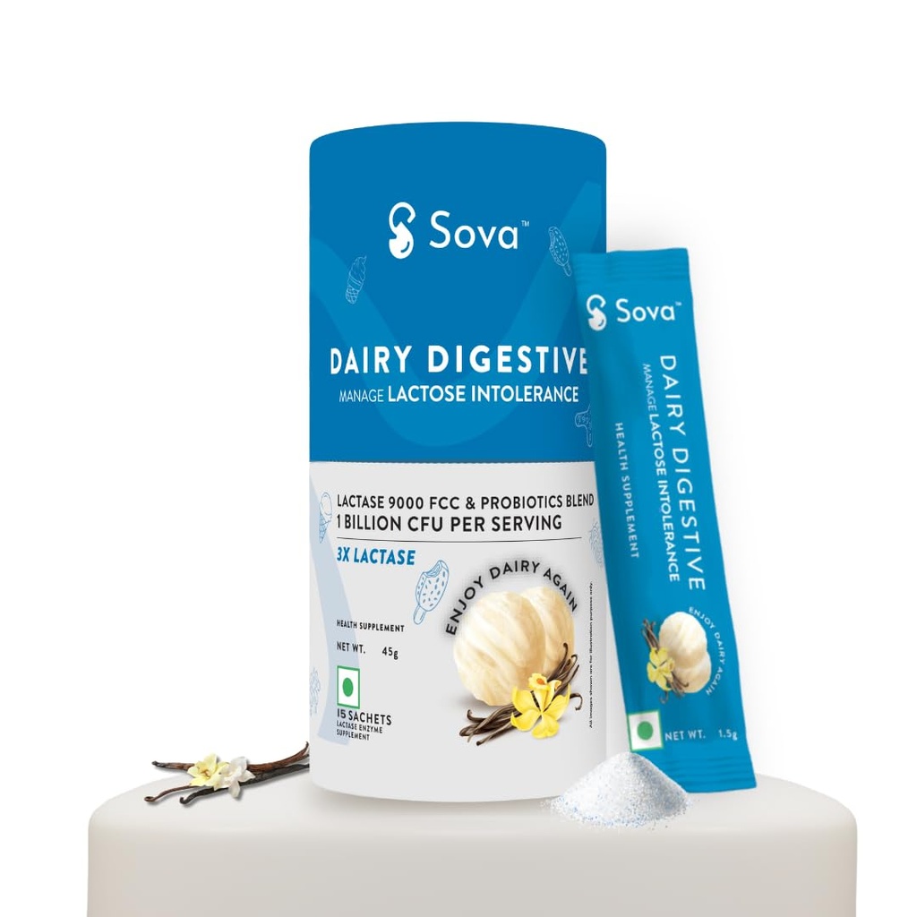 Sova Dairy Digestive Supplement for Lactose Intolerance | Lactase Enzyme Supplement with French Vanilla Flavour | 9000 FCC Lactase with Probiotics, 15 Sachets