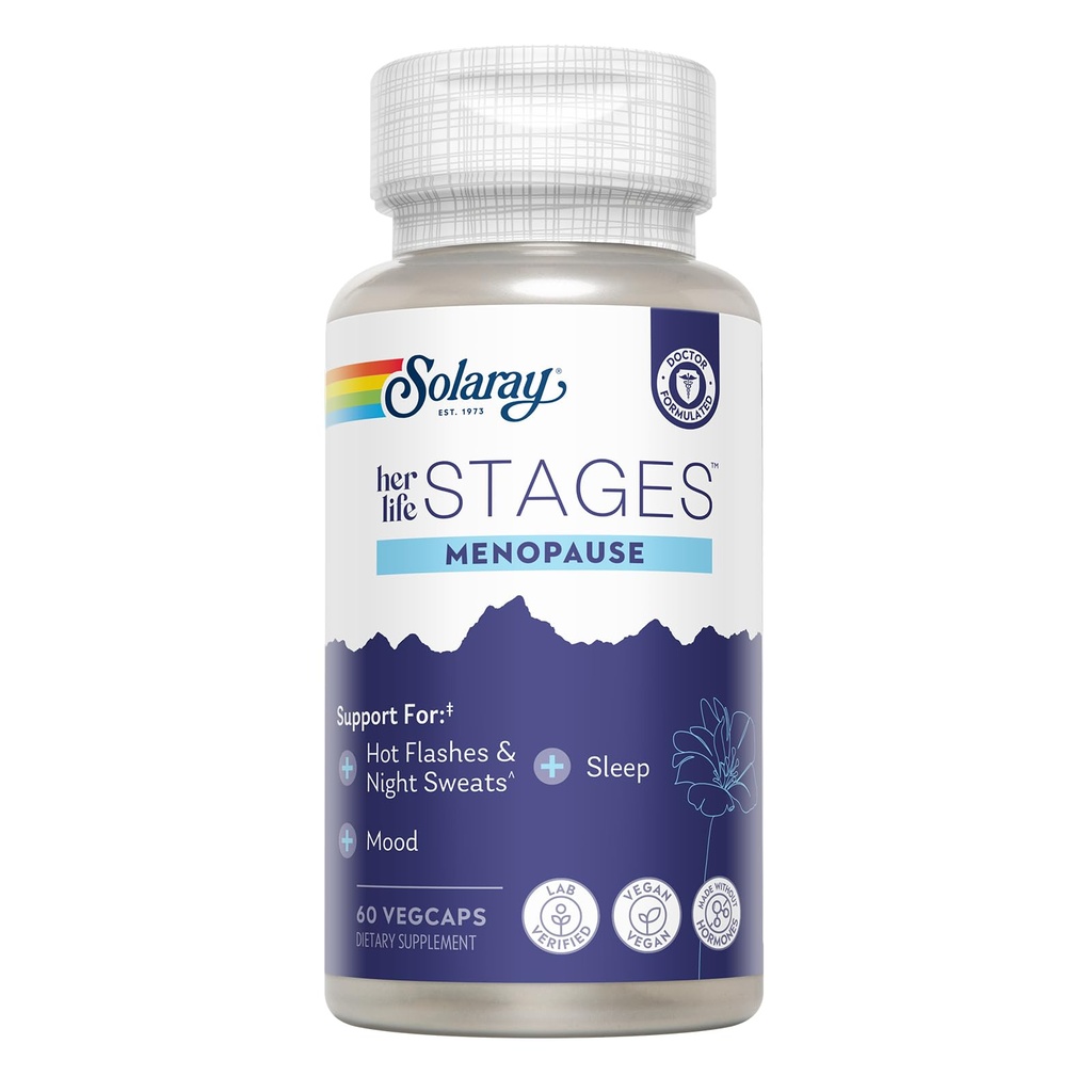 SOLARAY Menopause her Life Stages - Menopause Supplements for Women - Supports Mood, Sleep, Hot Flashes, Night Sweats - Vegan, Gluten Free - 60-Day Guarantee - 30 Servings, 60 VegCaps