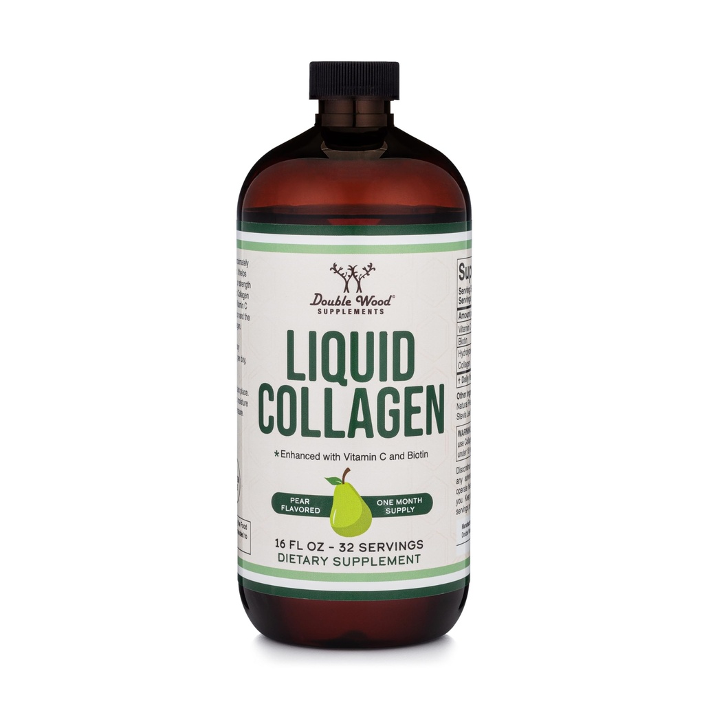 Double Wood Supplements Premium Liquid Collagen - 2500mg of Hydrolyzed Bovine Collagen (Type 1, 3 and Grassfed) - 32 Servings - for Women and Men - 30 mcg of Biotin - Sugar Free Pear Flavor