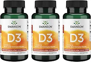 Swanson Vitamine D3 - Vitaminesupplement ter bevordering van botgezondheids- en immuunsysteemondersteuning - Natuurlijke ondersteuning voor calciumdistributie en absorptie - (250 Softgels) 3 Pack