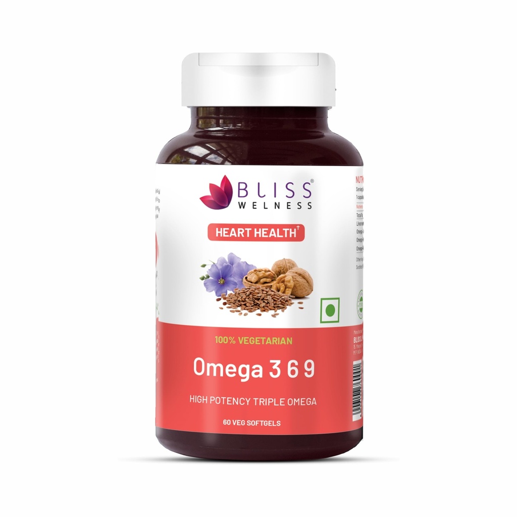 Bliss Welness Vegan Omega 3 6 9 1000mg | Organic Omega 369 ALA Omega3 500MG LA Omega 6 137MG OA Omega 9 200MG Essential Fatty Acid Health Supplement - 60 Vegetarian Capsules